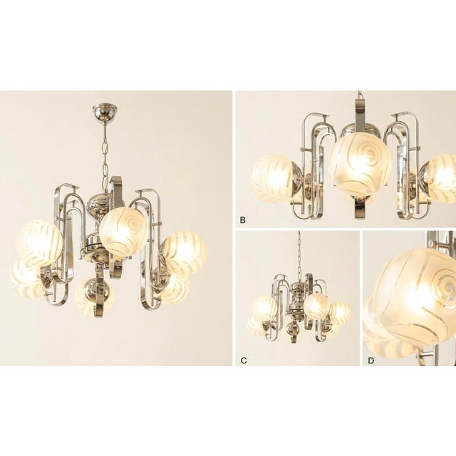 1970s Space Age Polished Chromium with Six Murano-Opaline Glass Globes Chandelier by Mazzega, 1970s For Sale - Image 5 of 5
