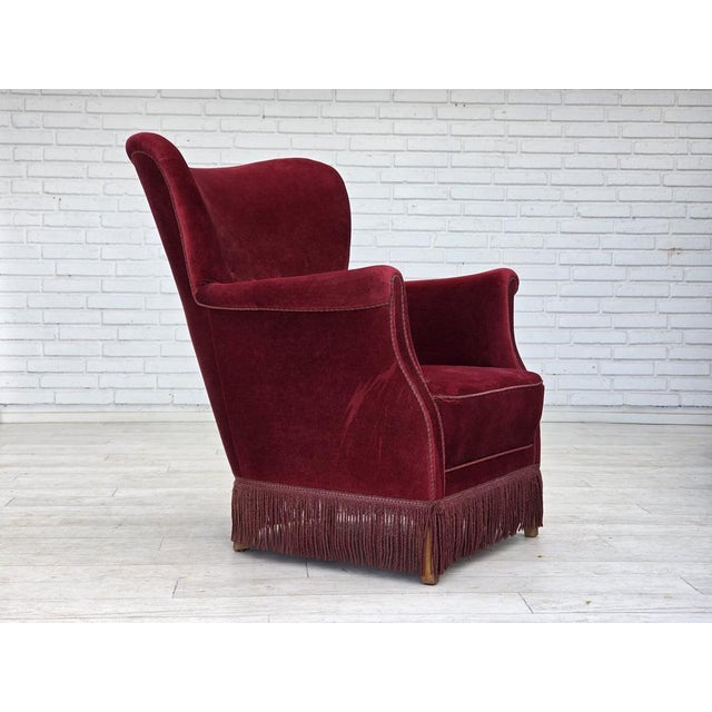 Vintage Danish Lounge Chair in Cherry-Red Furniture Velour and Oak, 1960s For Sale - Image 16 of 16