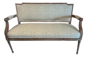 Mid 20th Century French Carved Natural Wood Settee with Modern Geometric Pattern Beige Upholstery