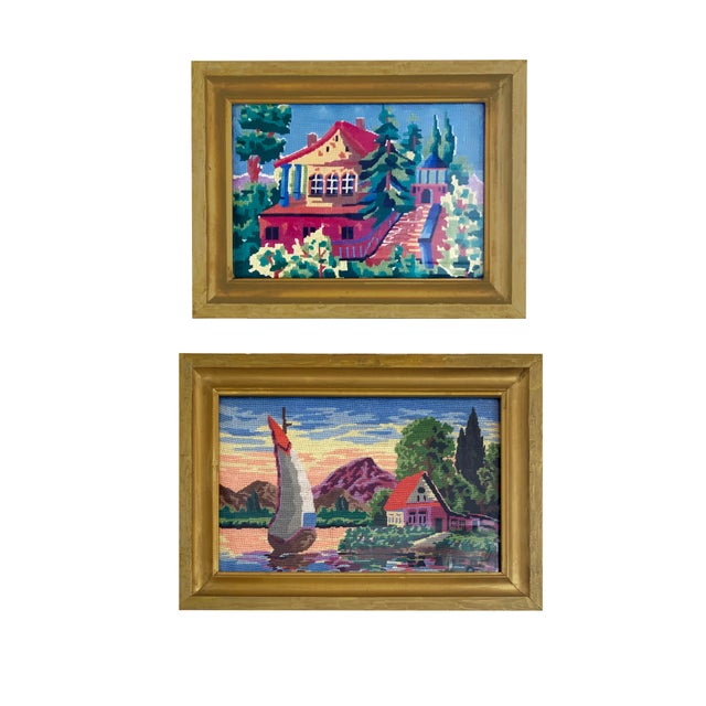Vintage 1960s Gilt-Framed Needlepoint Landscape Artwork - a Pair For Sale - Image 11 of 11