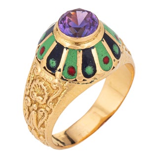 Portuguese Amethyst Enamel Ring Vintage 19k Yellow Gold Mid Century size 6.25 For Sale