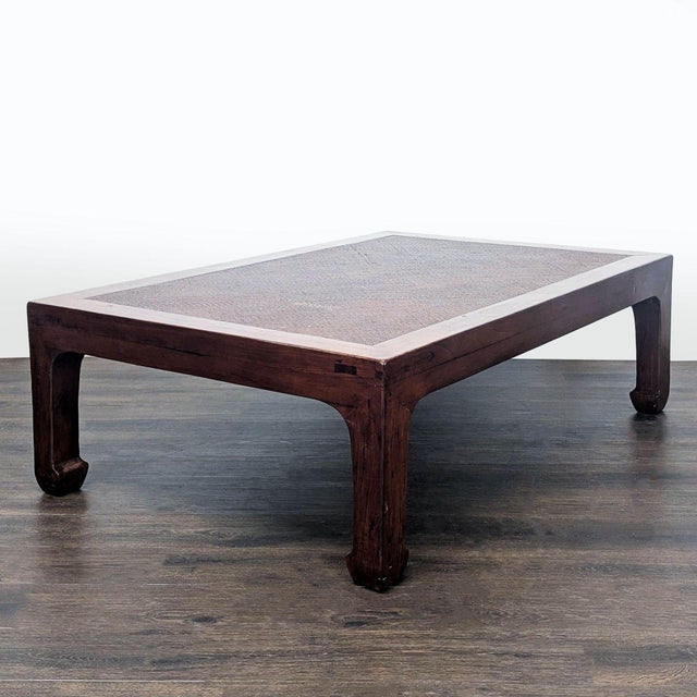 Asian Ming Style Coffee Table With Herringbone Pattern Rattan Insert For Sale - Image 3 of 6