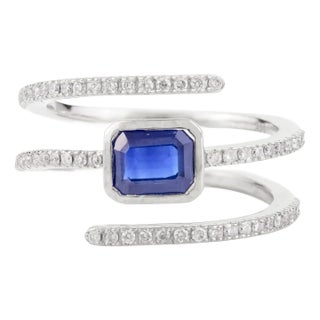 14k Gold East West Blue Sapphire & Diamond Spiral Cocktail Ring Size 6 For Sale
