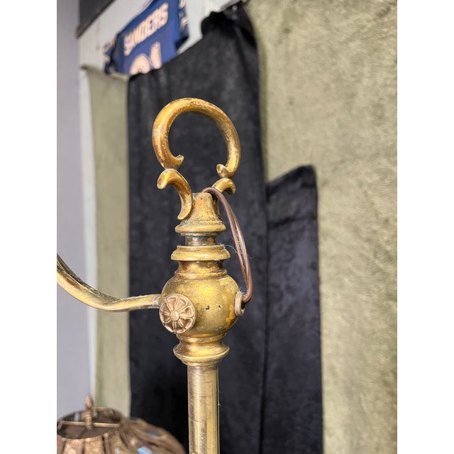 Metal Vintage Brass Bridge Lamp With Glass Shade For Sale - Image 7 of 11