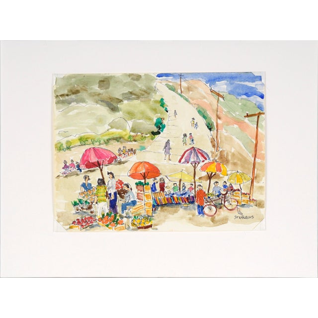 Farmer's Market - Original Watercolor on Paper Original watercolor of the a farmer's market by a footpath by Ken L....
