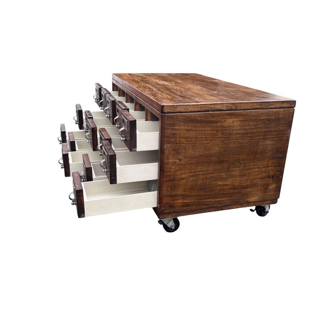 Brown Vintage Wooden Library Card Catalog Cabinet With 15 Drawers on Casters For Sale - Image 8 of 18