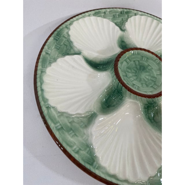 1930s French Longchamp Green and White Majolica Oyster Plate For Sale - Image 6 of 16