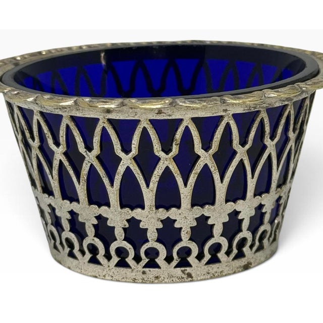 1940s Mid 20th Century Cobalt Blue Silver Plate Filigree Condiment Bowl For Sale - Image 5 of 12