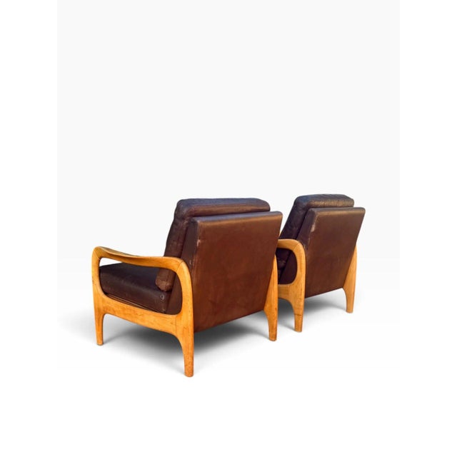 Wood Pair of Danish Modern Leather Lounge Chairs | Sculpted Maple Frames | Brown Leather With Tufted Backs | C. 1960s For Sale - Image 7 of 18