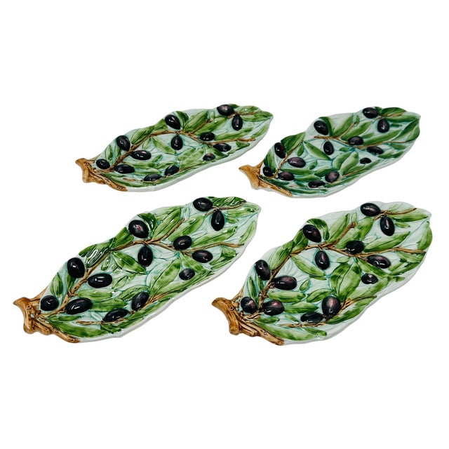 Mid-Century Modern Vintage 1970s Italian Majolica Olive Leaf Relish Trays - Set of 4 For Sale - Image 3 of 12