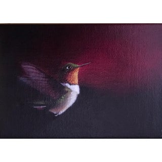 The Breath of Every Small Child by Natasha Isenhour | Oil on linen Hummingbird against a dark background For Sale