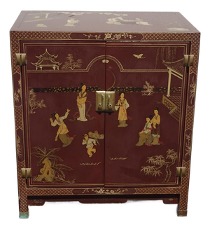 Vintage Chinese Asian Burgundy Lacquer Floral Chinoiserie Cabinet ~ Side Table