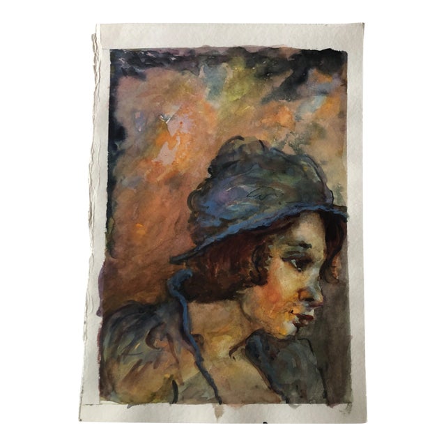 Original Vintage Female Portrait Watercolor Painting 1980’s For Sale