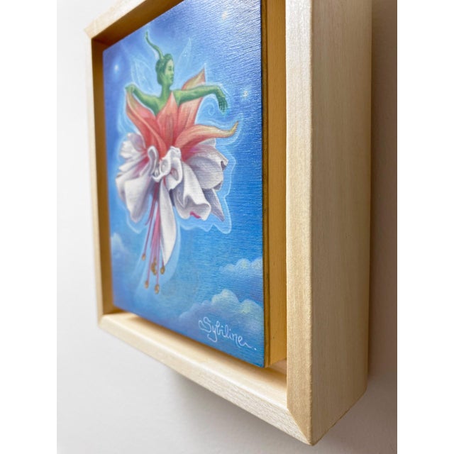 Surrealism Fuchsia de Mirabilibus by Sybiline | Oil on Wood Painting of a fairy emerging from a flower For Sale - Image 3 of 4
