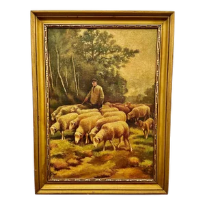 Early 20th Century Oil Painting on Canvas of a Shepherd and His Flock, Framed