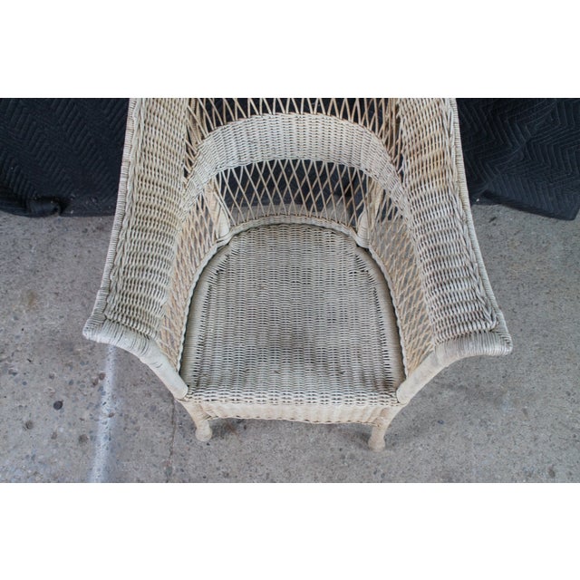 Antique White Painted Wicker Boho Chic Cottage Farmhouse Patio Lounge Armchair For Sale - Image 6 of 14