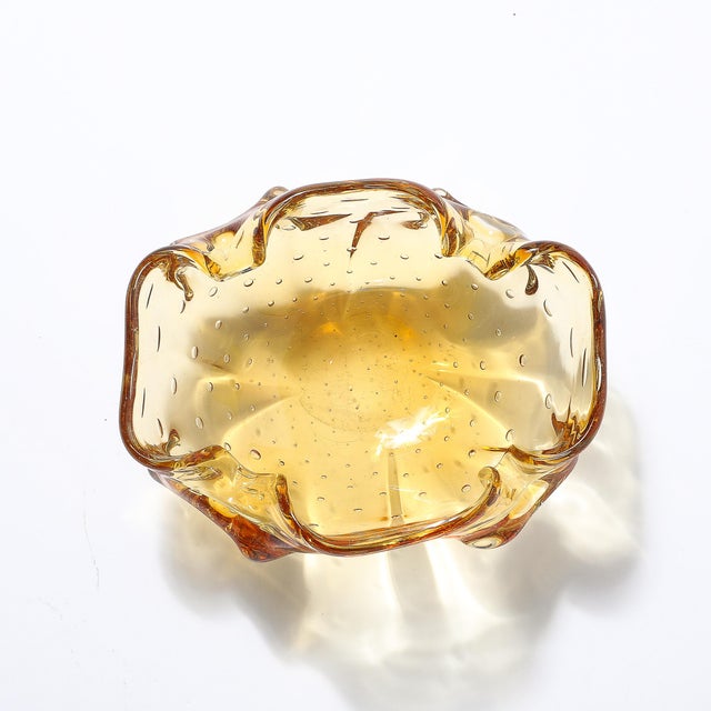 Mid-Century Modernist Hand-Blown Murano Glass Bowl in Amber W/ Crimped Detailing For Sale - Image 9 of 11