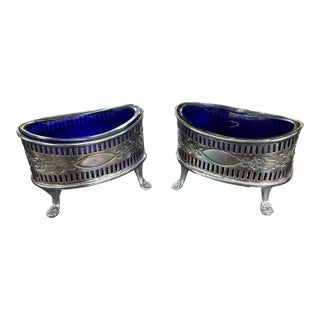 Antique Birmingham Sterling Silver Salt Cellars Cobalt Blue Crystal Insert Pair For Sale