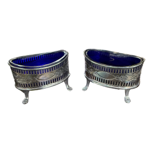 Antique Birmingham Sterling Silver Salt Cellars Cobalt Blue Crystal Insert Pair