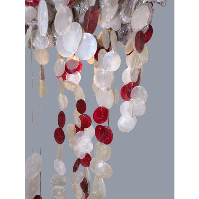 Vintage Mid-Century Modern Red & White Capiz Shell Hanging Chandelier Sculpture For Sale In New York - Image 6 of 11