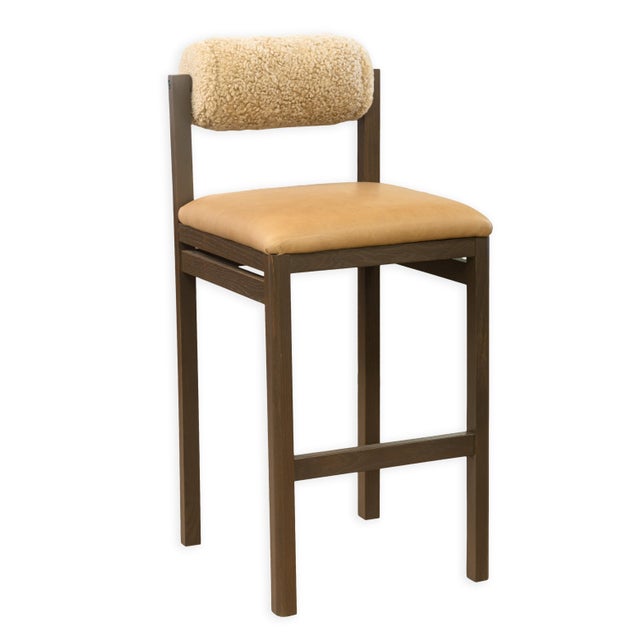 Modern Set of 4 Thayer Barstools by Maiden Home Dark Oak Wood Leather & Shearling Seats For Sale - Image 3 of 11