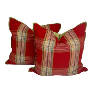 26' European Size Country Checkered Red and Green Velvet Pillow Cases - a Pair For Sale
