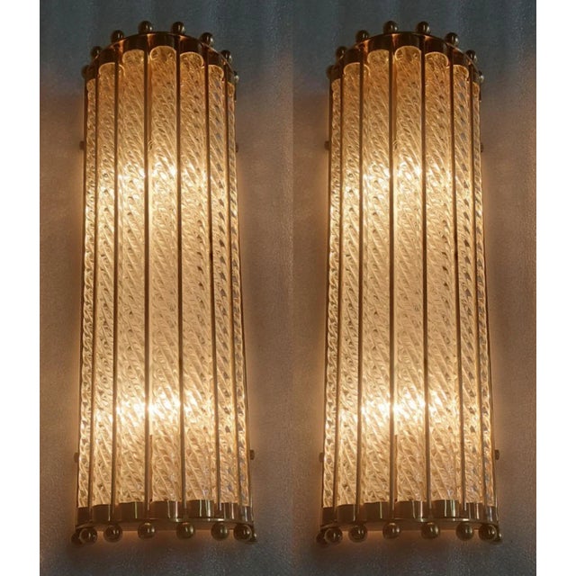 Pair Vintage Art deco light Old Lamp Wall Sconces Fixture Brass & Ribbed Glass Rod Ship Light Excellent Working Condition...