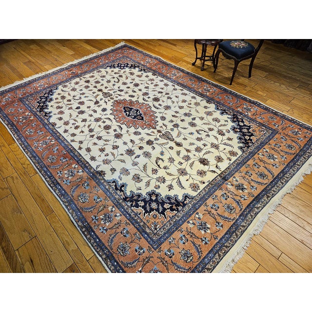 Vintage Tabriz Rug, Hand-Knotted Wool, Floral Medallion Pattern, Ivory & Terracotta, 9x13 For Sale - Image 9 of 13