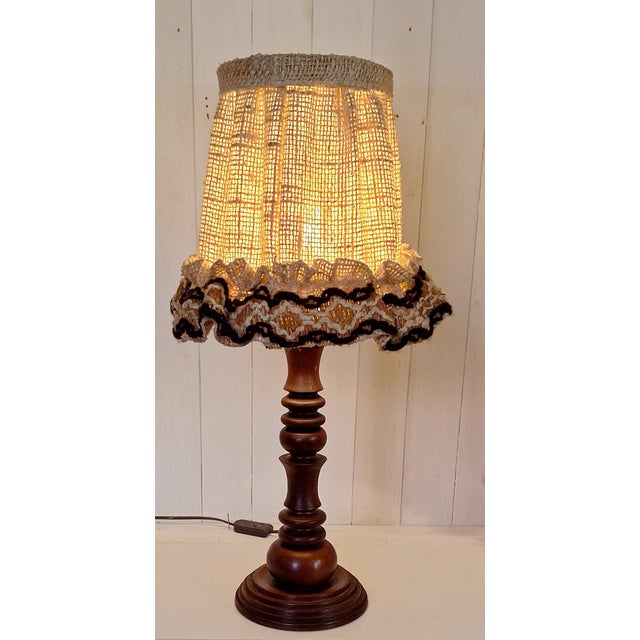 Wood Vintage Table Lamp with Chestnut Wood Base and Wool Shade, 1970s For Sale - Image 7 of 7