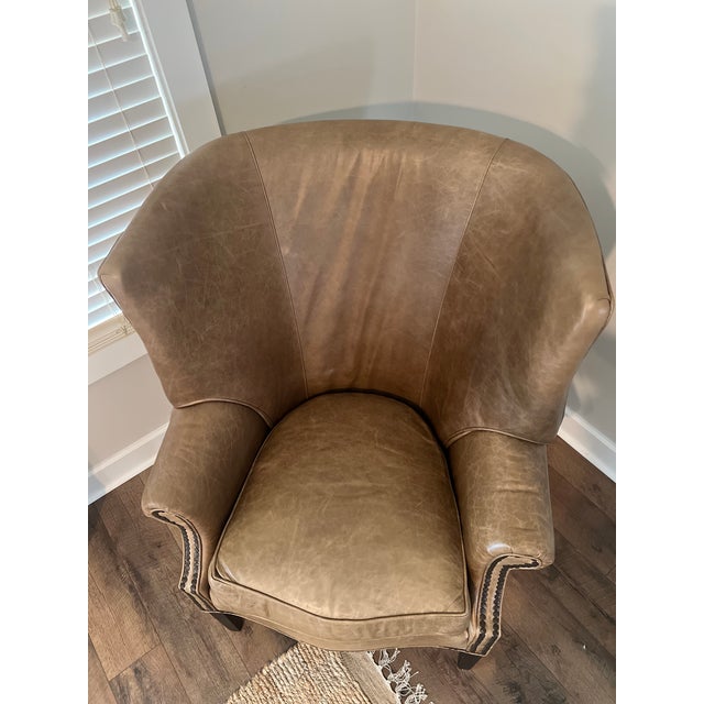 Early 21st Century Stanford Furniture Leather Wingback Accent Chair – Cognac Full-Grain Leather For Sale - Image 5 of 11