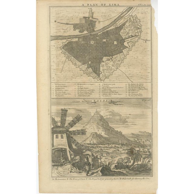 Plan of lima and view of potosí – peru & bolivia city plan and mining view c.1750 this original antique engraving combines...