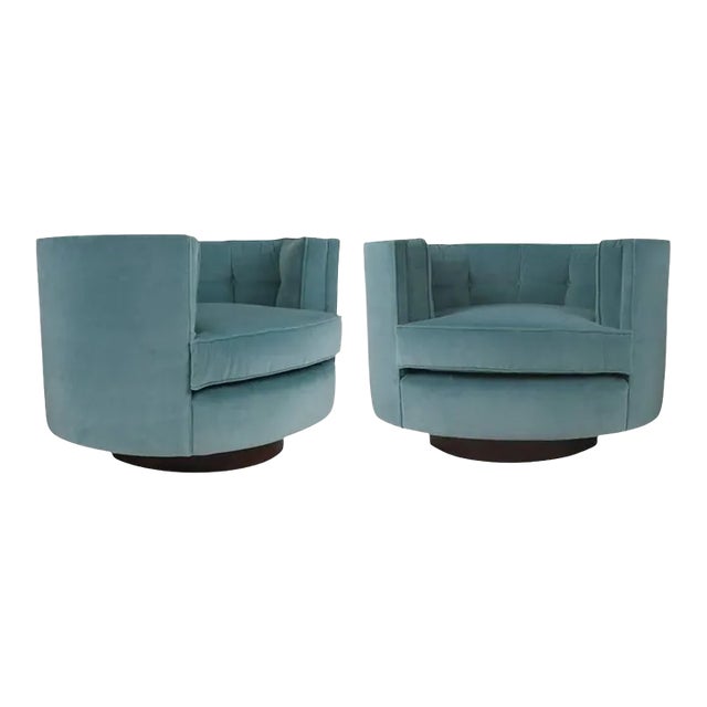 Seafoam Blue Mohair Large Swivel Chairs by Milo Baughman - A Pair For Sale