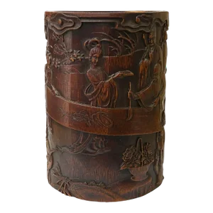 Chinese Bamboo Relief Scholars Motif Carving Brush Pen Holder Art