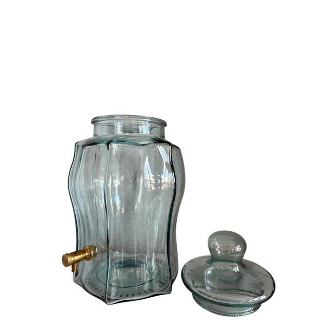 Gorgeous Vintage SVE Green Tinted Glass Drink Dispenser - 2 Gallon Decanter with Solid Brass Spigot. In wonderful vintage...