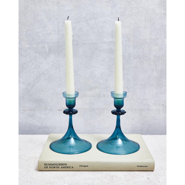 Mid-Century Modern Mid Century Blue Glass Orrefors Swedish Candlestick Pair For Sale - Image 3 of 15