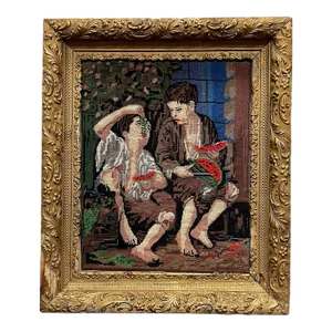 1970s Boho Chic Wool Threaded Framed Needlepoint