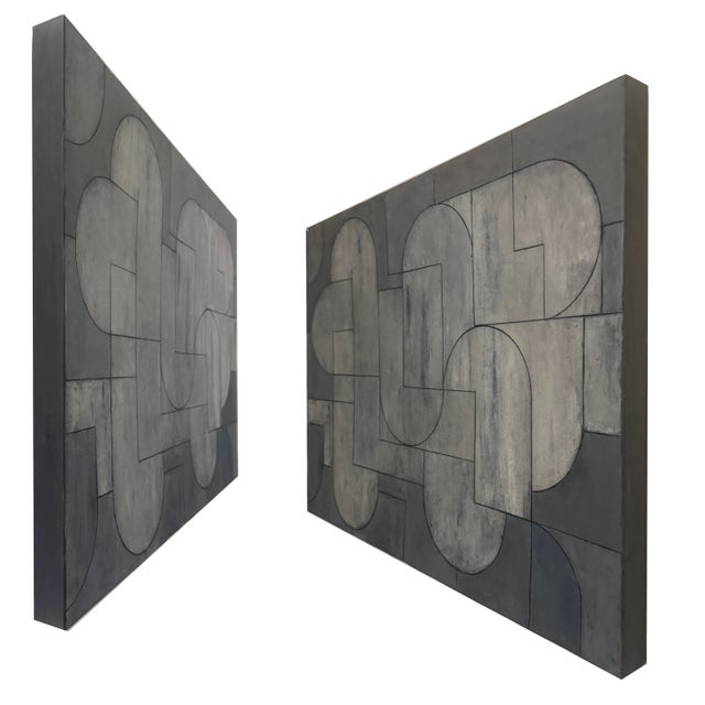 Daimon (27 H x 35 W x 2 D in) — geometric abstract in oil and cold wax on gallery wrapped canvas. Interlocking curved...