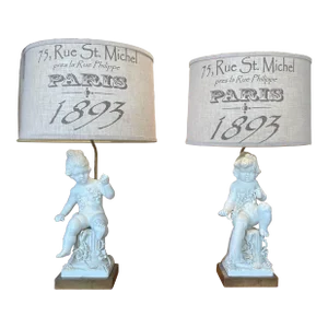 Pair of 1950s Cherub Italian Blanc De Chin Lamps