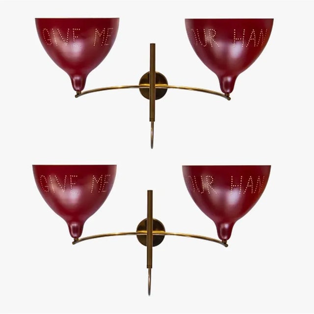 Give Me Your Hand, outstanding pair of wall lights. Cardinal red enamelled shades with a message on each shade one a brass...