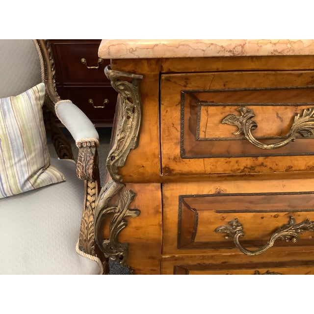 Wood 1970s French Style Walnut Bombe Chest With Marble Top, Ormolu Pulls and Escutcheons For Sale - Image 7 of 12