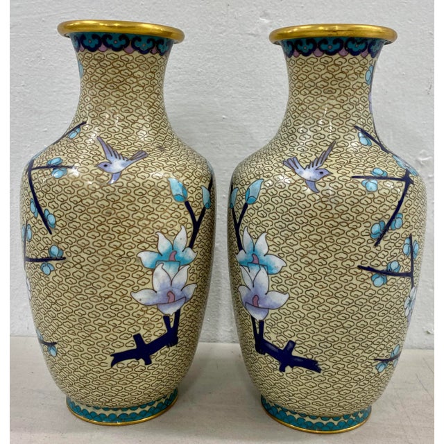 Cloisonne Vases, A Pair - Early to Mid 20th Century Gorgeous motif of cherry blossoms in blue and birds agains a lovely...