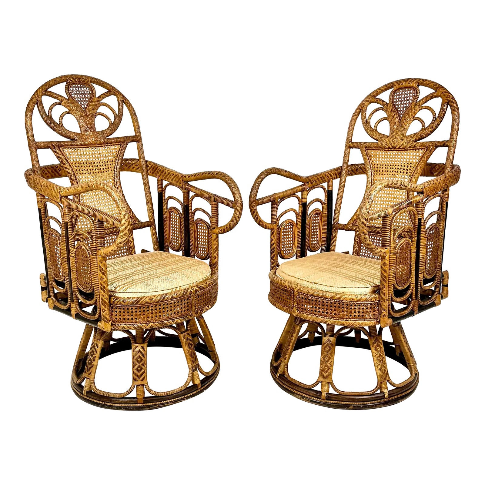 Vintage Ornate Rattan Woven Caning Swivel Chairs- a Pair | Chairish