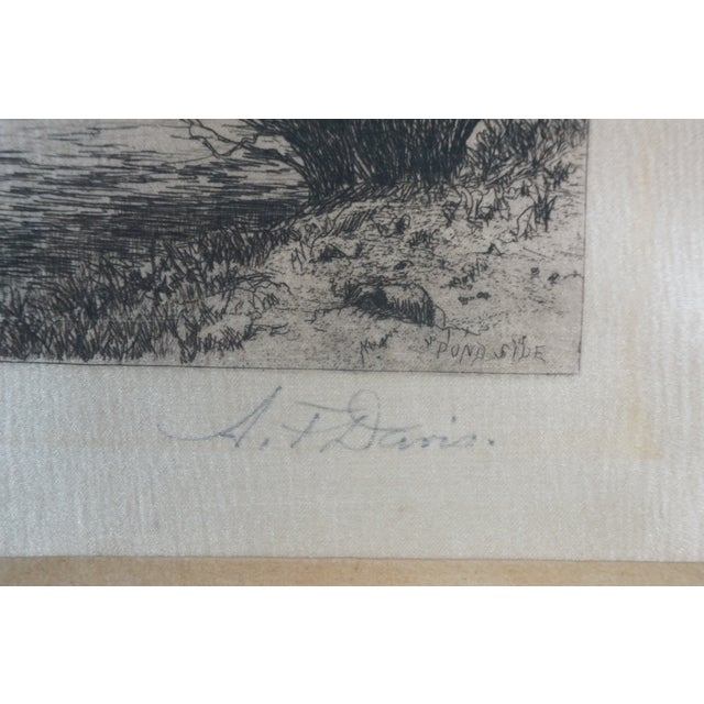 Wood Antique Arthur Fuller Davis Signed Pond Side Sailboat Landscape Etching 20" For Sale - Image 7 of 13