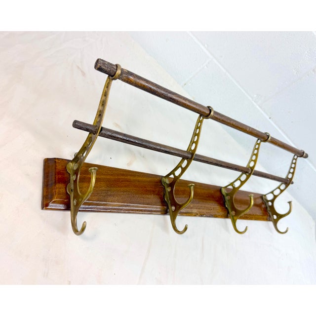 Antique Wall Mount Brass Wood Bathroom Hallway Towel Coat Hat Wall Hook Hanger For Sale - Image 4 of 8