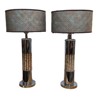 Chromed Cork Table Lamps, Pair For Sale