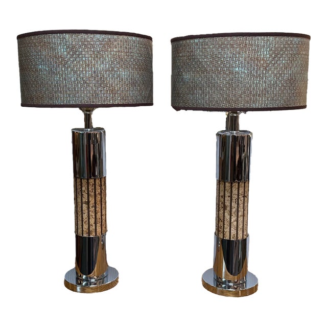 Chromed Cork Table Lamps, Pair For Sale