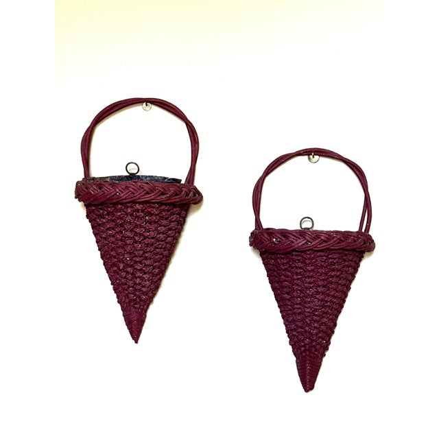 Mid 20th Century Mid 20th Century Victorian English Burgundy Wicker Conical Shaped Handle Wall Pockets, a Pair For Sale - Image 5 of 11