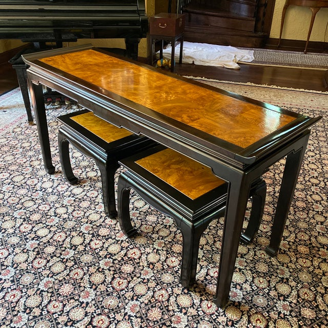 1990s Ethan Allen Dynasty Ming Console Table With Low Stools 3 Pieces