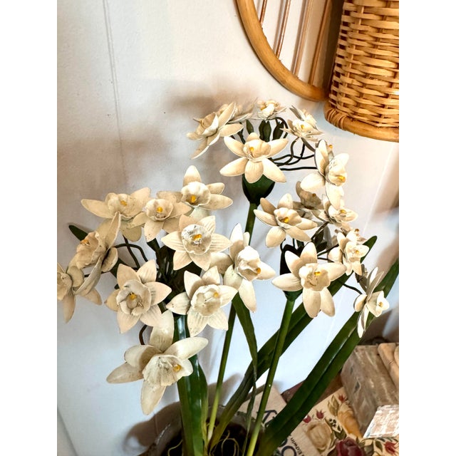 White Vintage Mid-Century White Tole Narcissus Floral Arrangement Botanical Paperwhites Sculpture Circa 1950s For Sale - Image 8 of 11