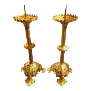 Pr. Antique French Art Nouveau Gilt Brass Alter Candlesticks For Sale
